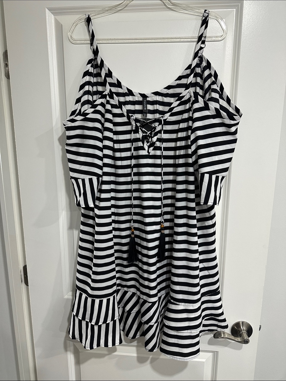 torrid Black & White Striped Cold-Shoulder Lace-Up Tank